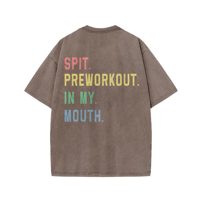 100% Cotton SPIT. PREWORKOUT. Gym Print Acid Washed T-shirt - Coffee - US20-22(3XL) - image 6