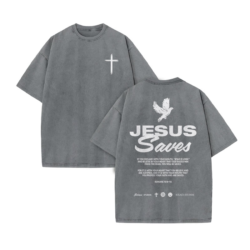 Unisex 100% Cotton Jesus Saves Cross Print Acid Washed T-shirt - Grey - US20-22(3XL) - image 4