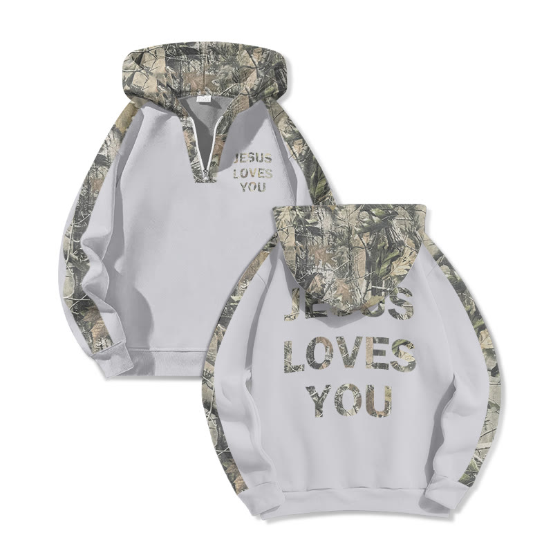 Jesus Loves You Dead Leaves Camouflage Print Half Zip Hoodie - Grey - US32-34(5XL) - image 3