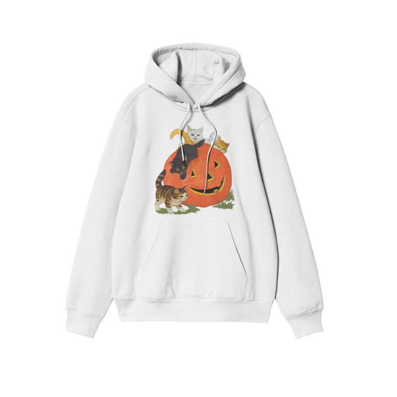 Unisex Cats Playing On Pumpkins Halloween Print Hoodie - White - US16-18(2XL) - image 3