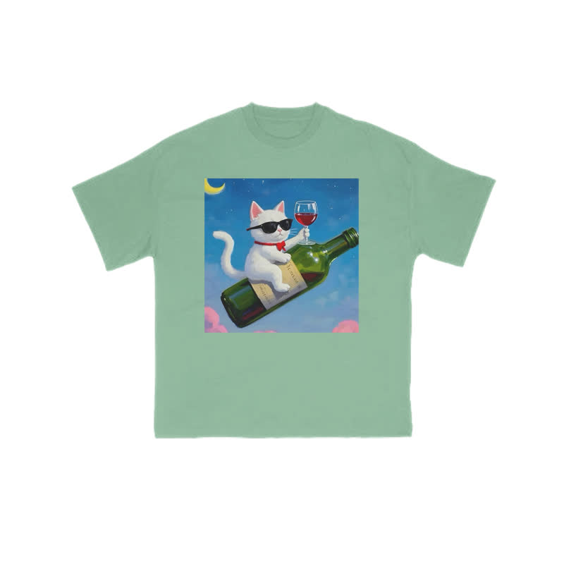 Unisex 100% Cotton Noble And Elegant Cat Print T-shirt - Green - US16-18(2XL) - image 7