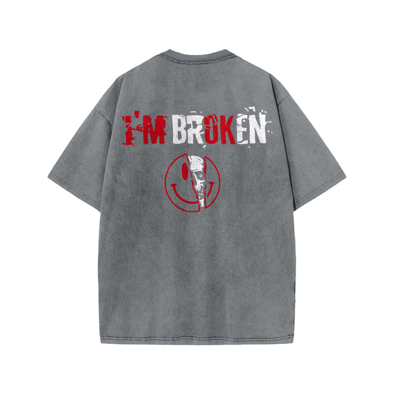 100% Cotto Vintage I'm Broken Skull Gym Print Acid Washed T-shirt - Grey - US20-22(3XL) - image 3