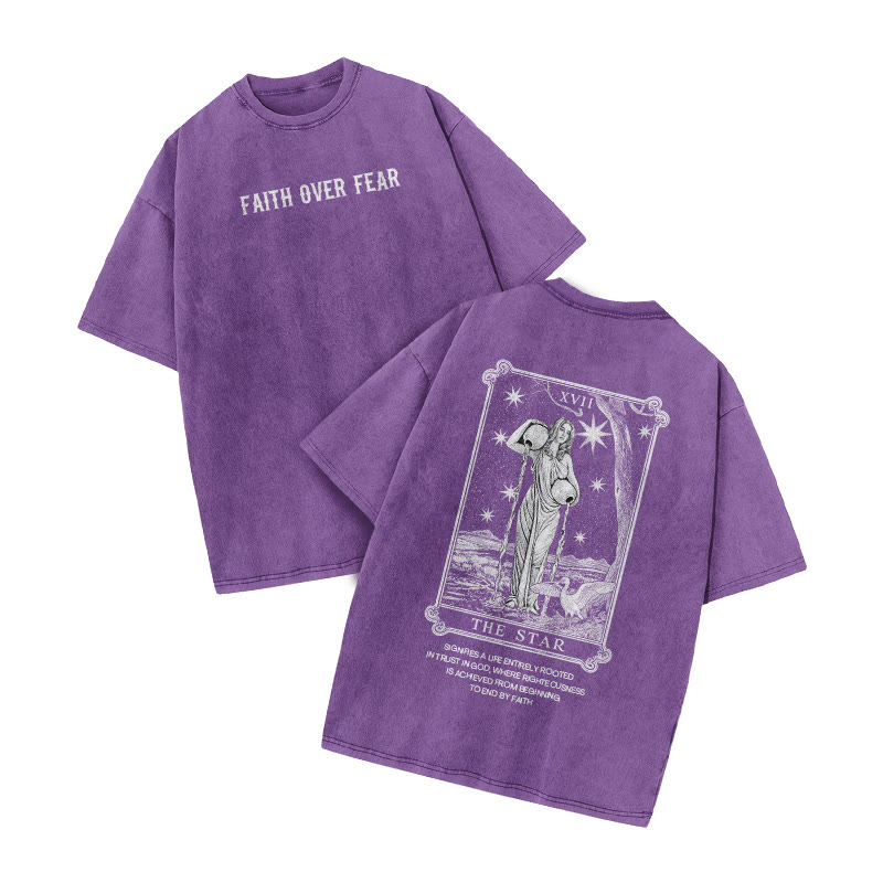 Tarot The Star Faith Over Fear Print Acid Washed T-shirt - Purple - US20-22(3XL) - image 7