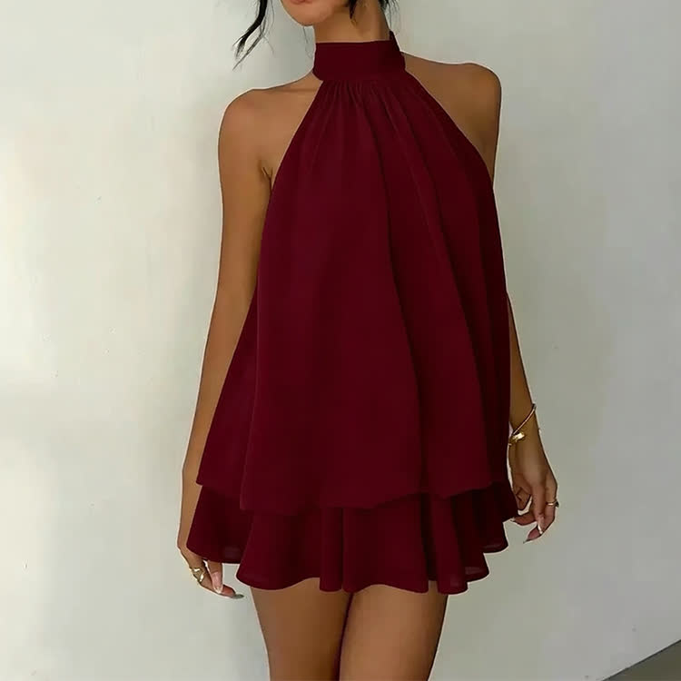 Solid Color Halter Neck Off Shoulder Dress - Wine - US16-18(2XL) - image 6