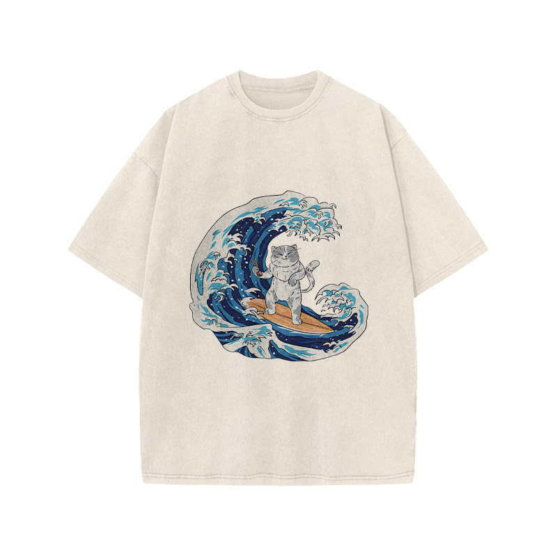 Unisex 100% Cotton Cat Surfing Japan Print Acid Washed T-shirt