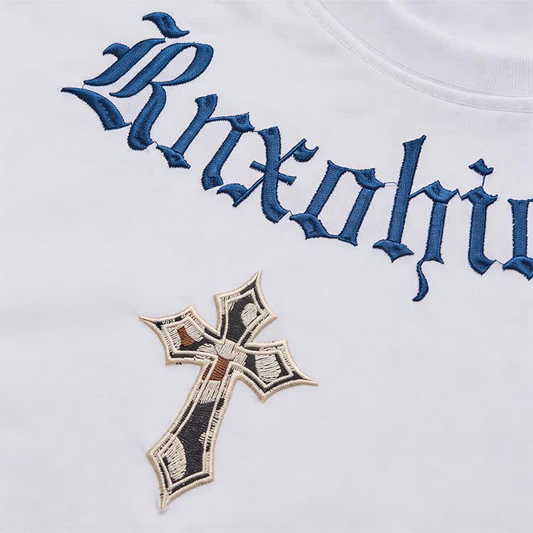 Gothic Cross Graphic Embroidered Round Neck T-Shirt - image 14