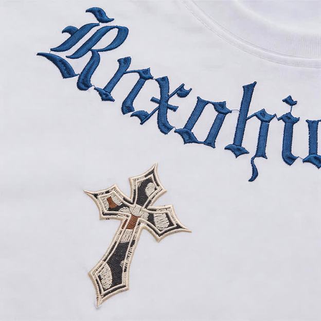 Gothic Cross Graphic Embroidered Round Neck T-Shirt - image 14