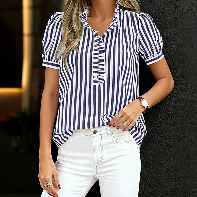 Elegant Plaids And Stripes Ruffled Half-placket Puff-sleeve Shirt - Blue - 2XL - image 7