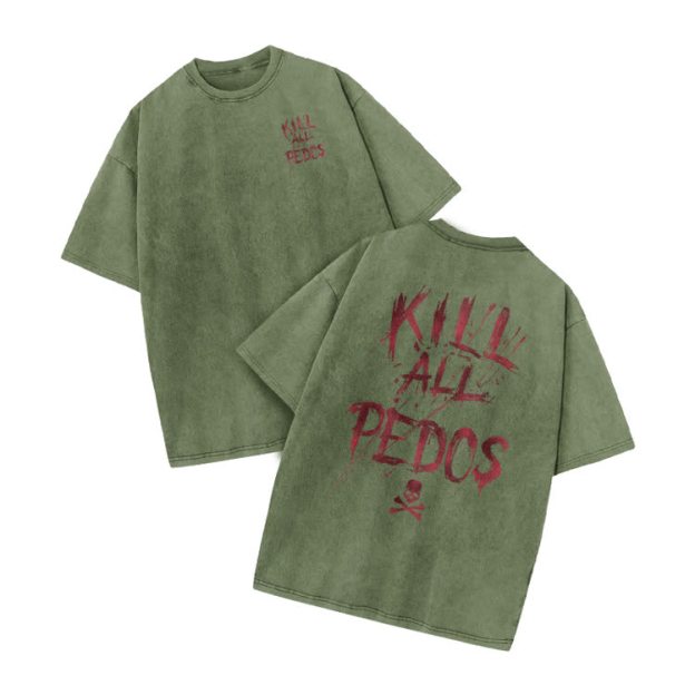  Kill All Pedos Print Acid Washed T-Shirt - Army Green - US20-22(3XL) - image 9