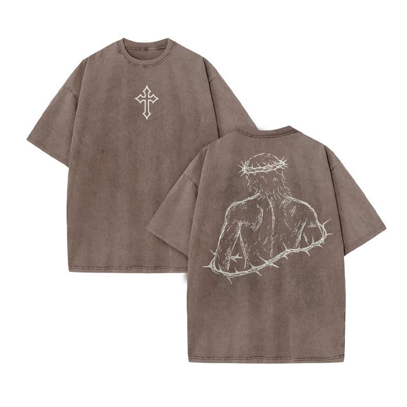 Unisex Not Forsaken Cross Print Acid Washed T-shirt - Coffee - US20-22(3XL) - image 4