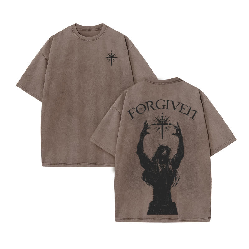 Unisex Forgiven Print Acid Washed T-shirt - Coffee - US20-22(3XL) - image 4