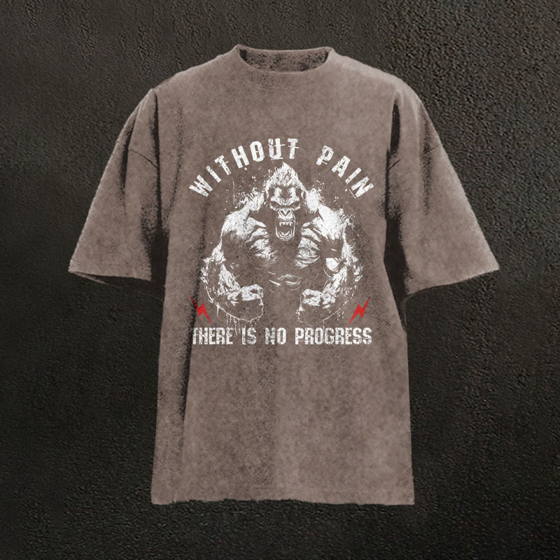100% Cotton Without Pain There Is No Progress Gym Print Acid Washed T-shirt - Coffee - US20-22(3XL) - image 3