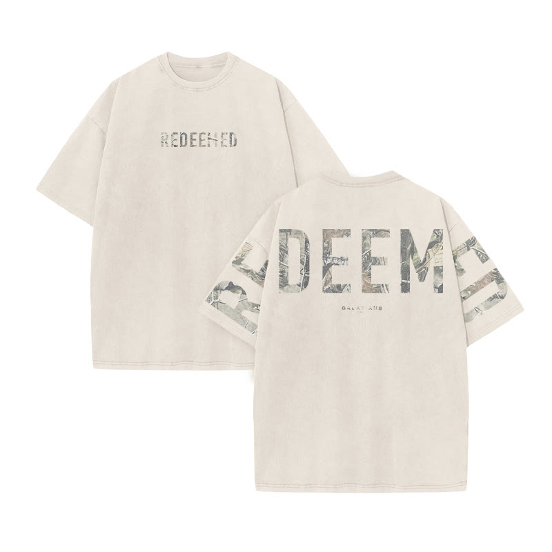 Redeemed Galatians 2:20 Dead Leaves Camouflage Print Acid Washed T-shirt - Beige - US20-22(3XL) - image 3