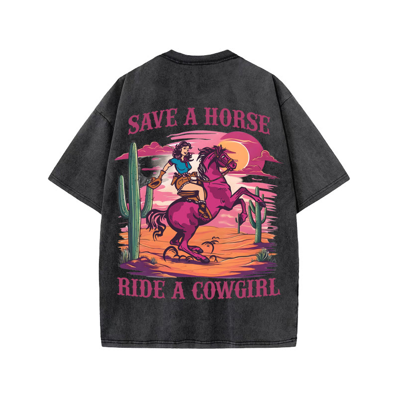 Unisex 100% Cotton Ride A Cowgirl Print Acid Washed T-shirt