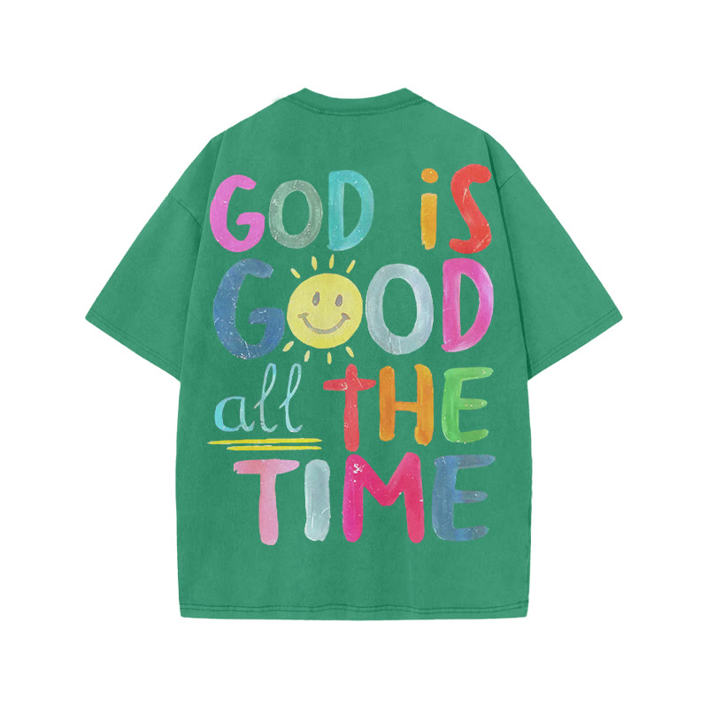 Unisex God Is Good All The Time Print Acid Washed T-shirt - Green - US20-22(3XL) - image 5