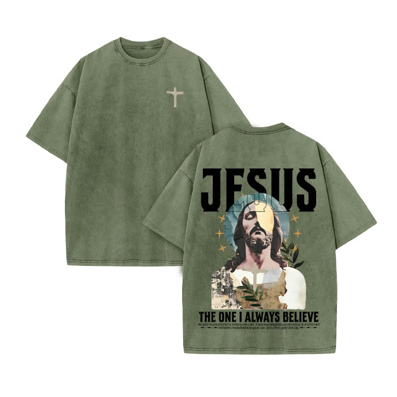 Unisex 100% Cotton Always Believe Jesus Print Acid Washed T-shirt - Army Green - US20-22(3XL) - image 6