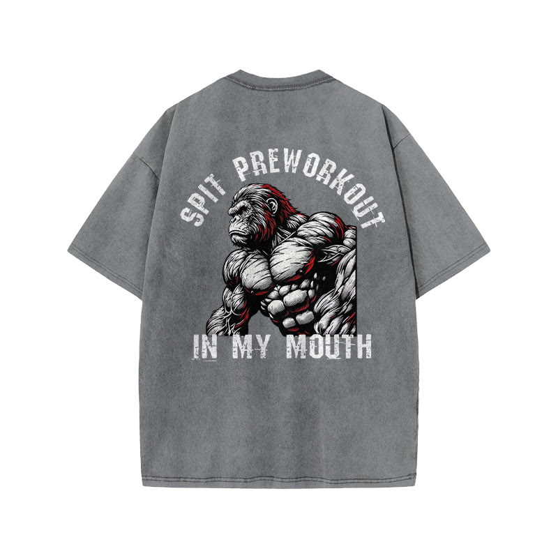 100% Cotton Spit Preworkout In My Mouth Gym Print Acid Washed T-shirt - Grey - US20-22(3XL) - image 6
