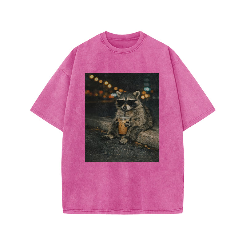 Raccoon Wearing Sunglasses Drinking Coffee Funny Print Acid Washed T-shirt - Pink - US20-22(3XL) - image 9