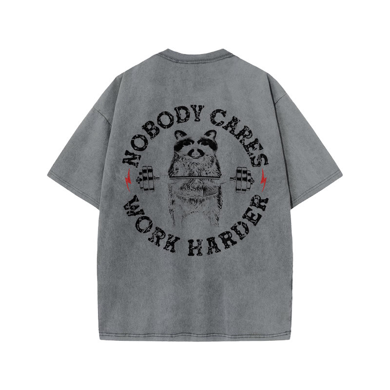 100% Cotton Nobody Cares Work Harder Gym Print Acid Washed T-shirt - Grey - US20-22(3XL) - image 5