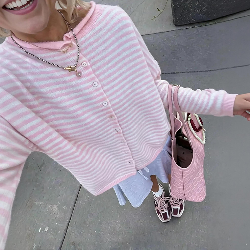 Women's Coastal Striped Knit Button Front Cardigan Sweater - Pink - 3XL - image 6