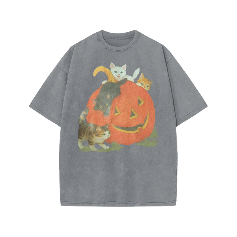 Unisex 100% Cotton Cats Playing On Pumpkins Halloween Print Acid Washed T-shirt - Grey - US20-22(3XL) - image 3