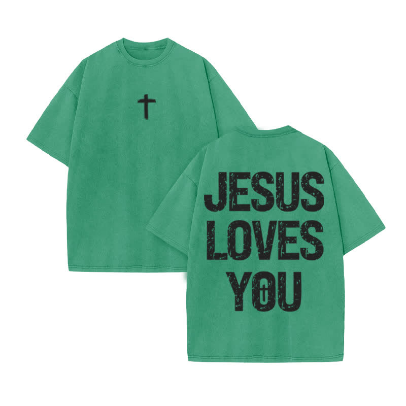 Unisex 100% Cotton JESUS LOVES YOU Mottled Font Print Acid Washed T-shirt - Green - US20-22(3XL) - image 7