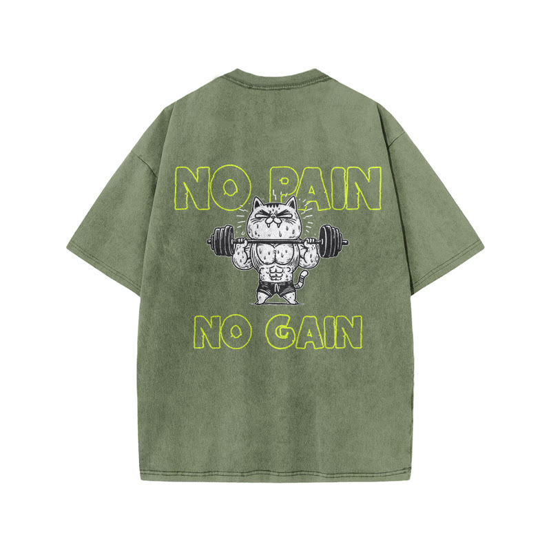 100% Cotton NO PAIN NO GAIN Gym Print Acid Washed T-shirt - Army Green - US20-22(3XL) - image 6
