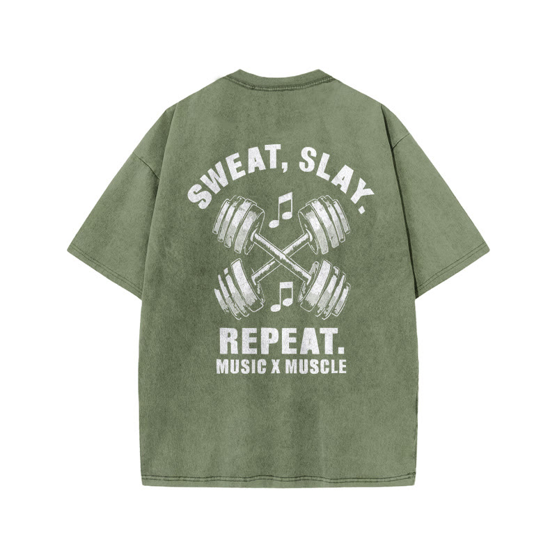 100% Cotton SWEAT SLAY Gym Print Acid Washed T-shirt - Army Green - US20-22(3XL) - image 6