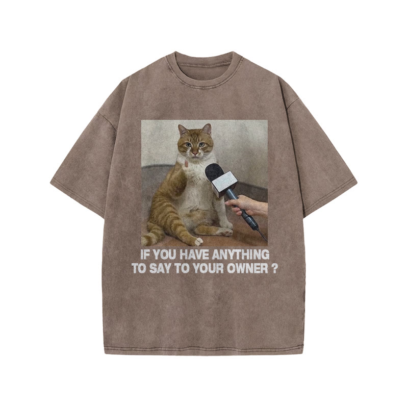 Unisex 100% Cotton Interviewed Cat Print Acid Washed T-shirt - Coffee - US20-22(3XL) - image 9