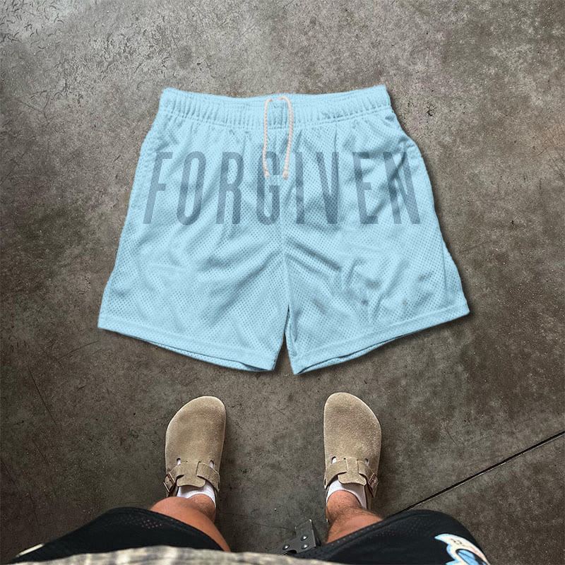 Unisex Forgiven Psalm 32:1 Print Causal Mesh Shorts - Light Blue - 5XL - image 5