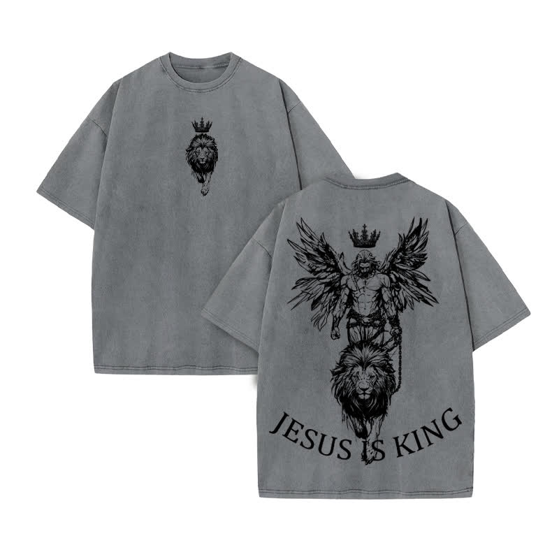 Unisex 100% Cotton JESUS IS KING Print Acid Washed T-shirt - Grey - US20-22(3XL) - image 5