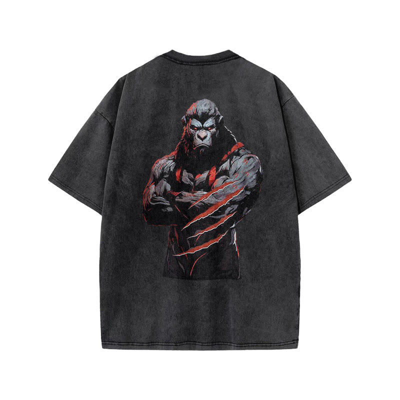 100% Cotton Workout Chimpanzees Gym Print Acid Washed T-shirt - image 3