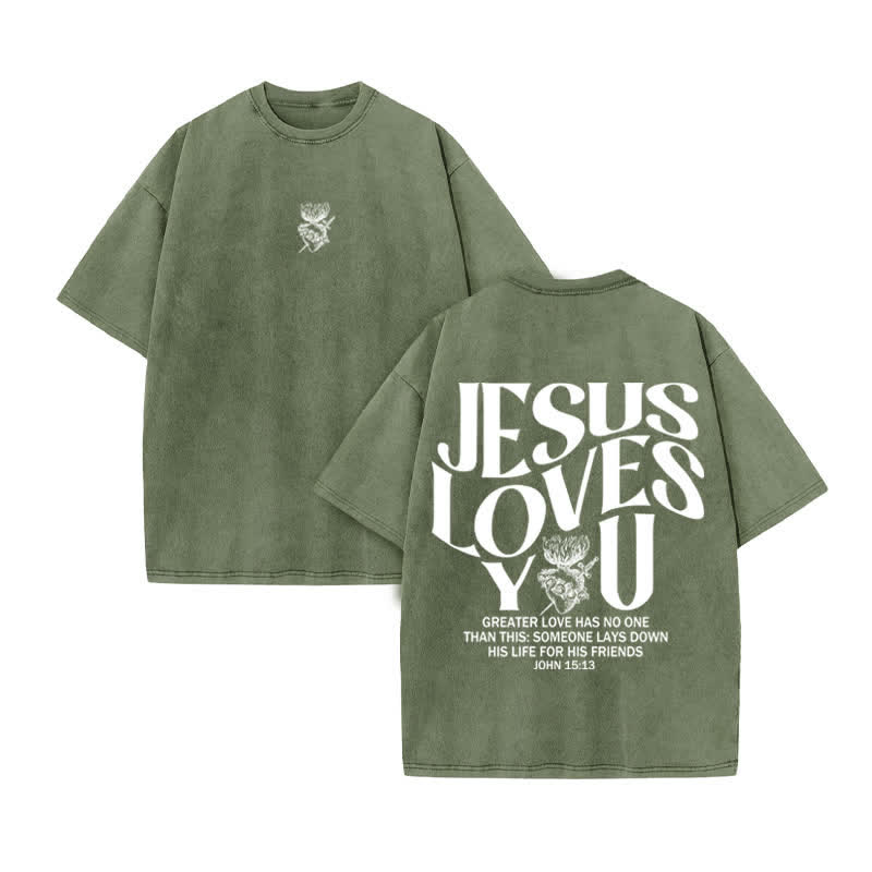 Unisex 100% Cotton JESUS LOVES YOU Print Acid Washed T-shirt - Army Green - US20-22(3XL) - image 6
