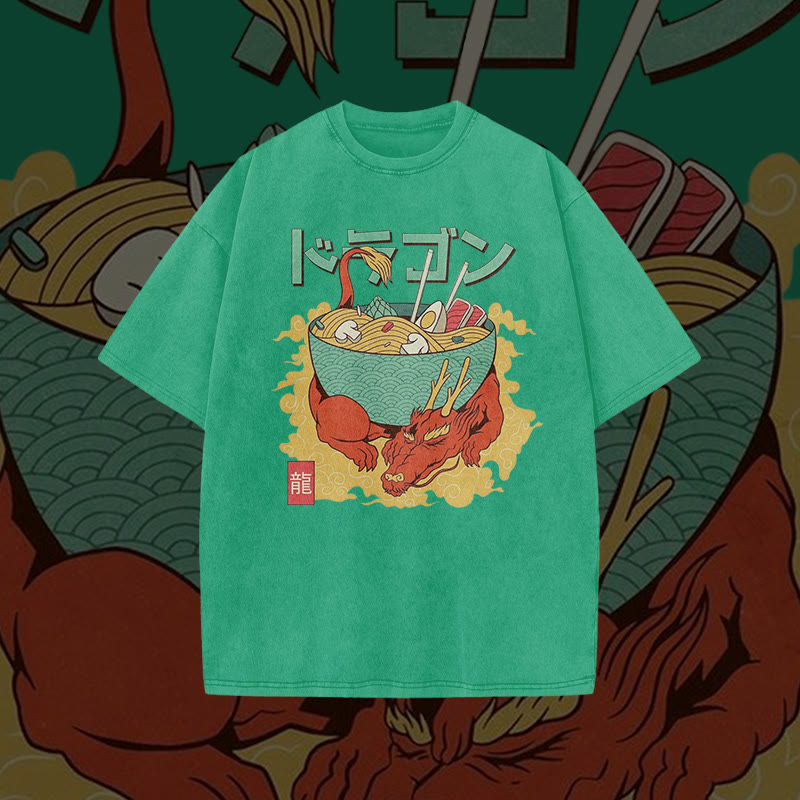 Unisex 100% Cotton Ramen On The Dragon Print Acid Washed T-shirt