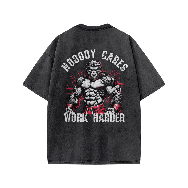 100% Cotton Nobody Cares Work Harder Gym Print Acid Washed T-shirt - image 4