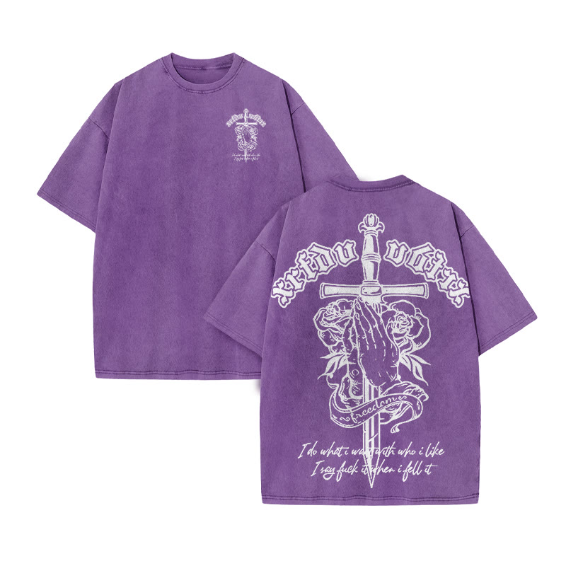 Unisex 100% Cotton Praying Hands Rose Print Acid Washed T-shirt - Purple - US20-22(3XL) - image 9