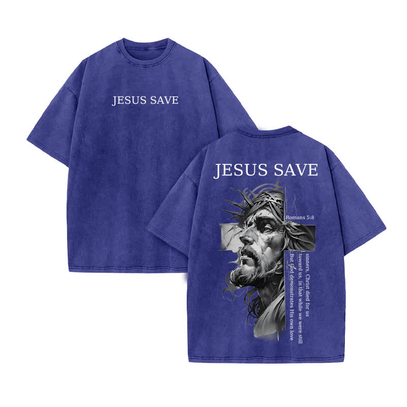 Unisex 100% Cotton Jesus Save Print Acid Washed T-shirt - Blue - US20-22(3XL) - image 10