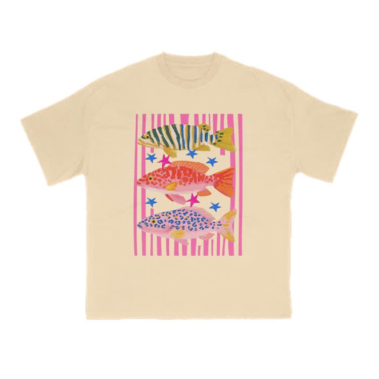Playful Tropical Fish Graphic Crew Neck T Shirt - Apricot - US16-18(2XL) - image 9