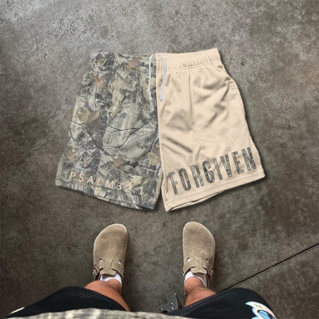Forgiven Psalm 32:1 Dead Leaves Camouflage Asymmetrical Print Mesh Shorts - Apricot - 5XL - image 3