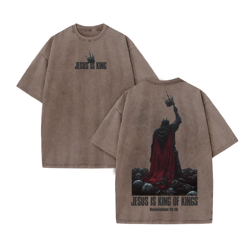 Unisex 100% Cotton Jesus Is King Print Acid Washed T-shirt - Coffee - US20-22(3XL) - image 4