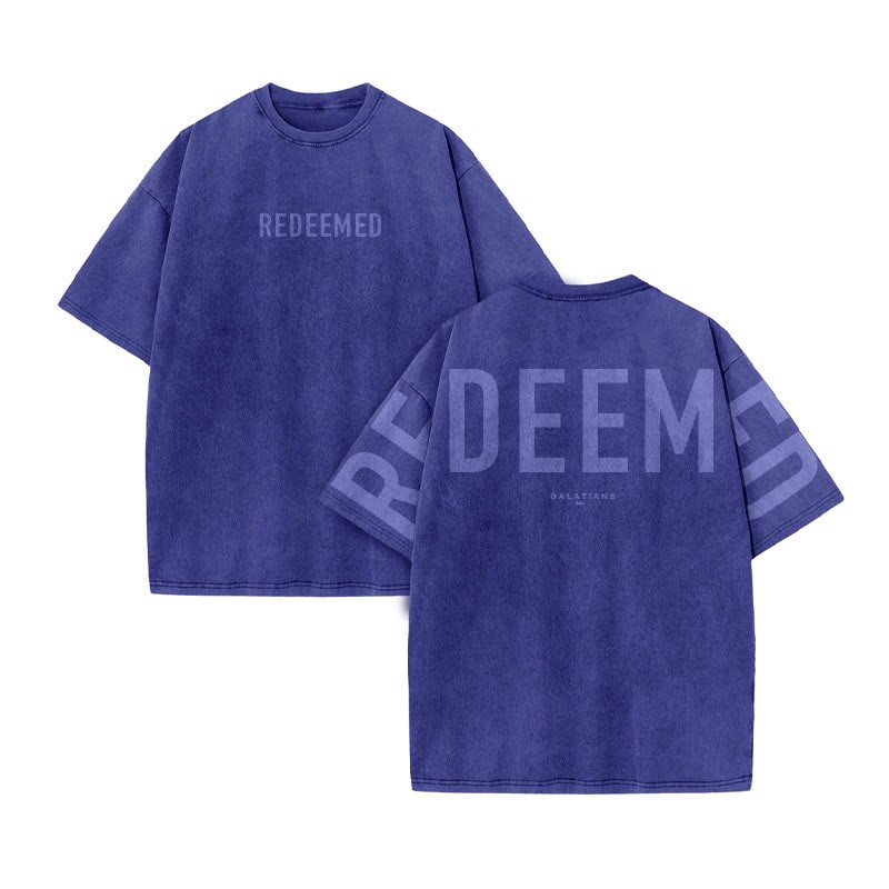 Unisex Redeemed Galatians 2:20 Print Acid Washed T-shirt - Blue - US20-22(3XL) - image 8
