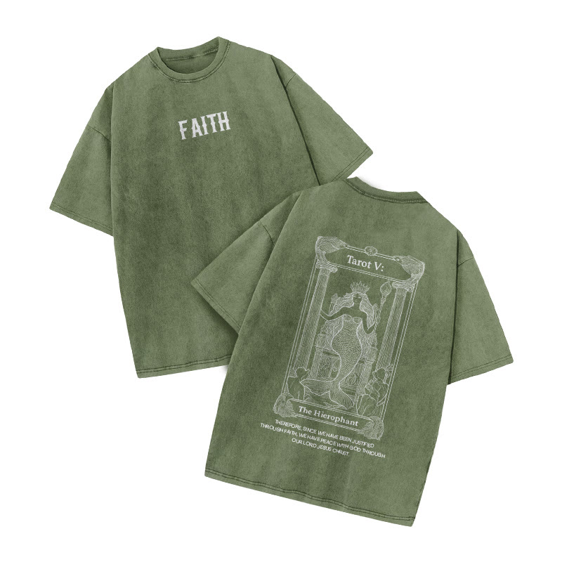 Faith Tarot The Hierophant Print Acid Washed T-shirt - Army Green - US20-22(3XL) - image 5