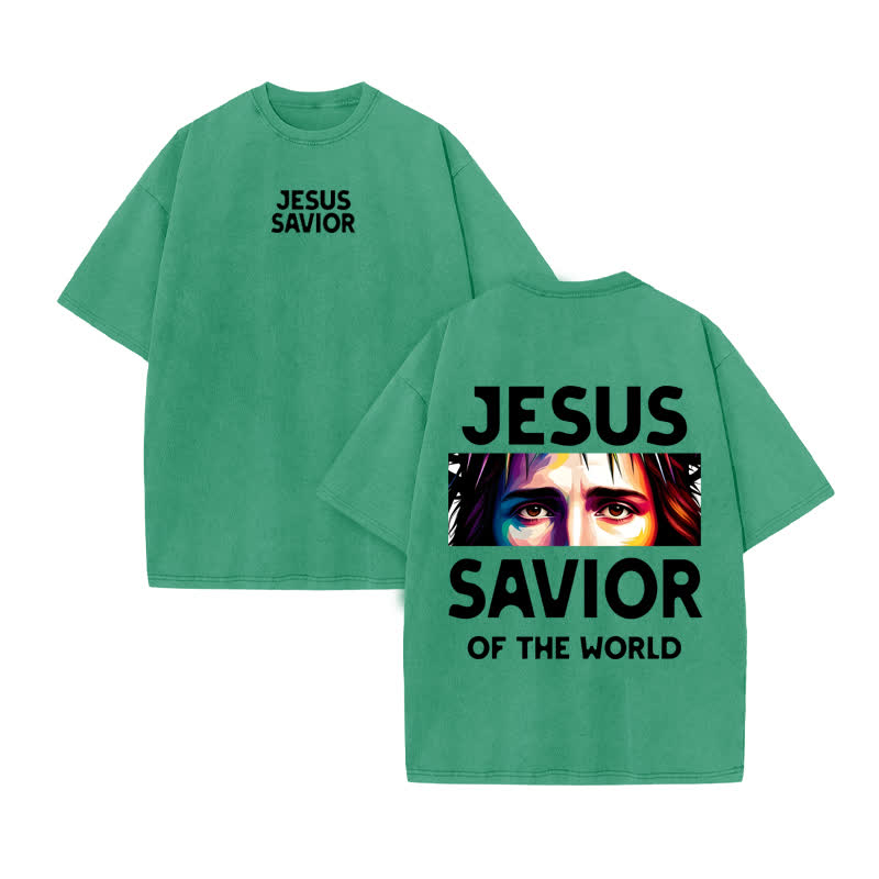 Unisex 100% Cotton Jesus Savior Print Acid Washed T-shirt - Green - US20-22(3XL) - image 7