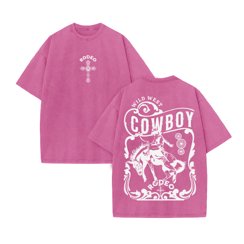 Unisex 100% Cotton RODEO Western Style Print Acid Washed T-shirt