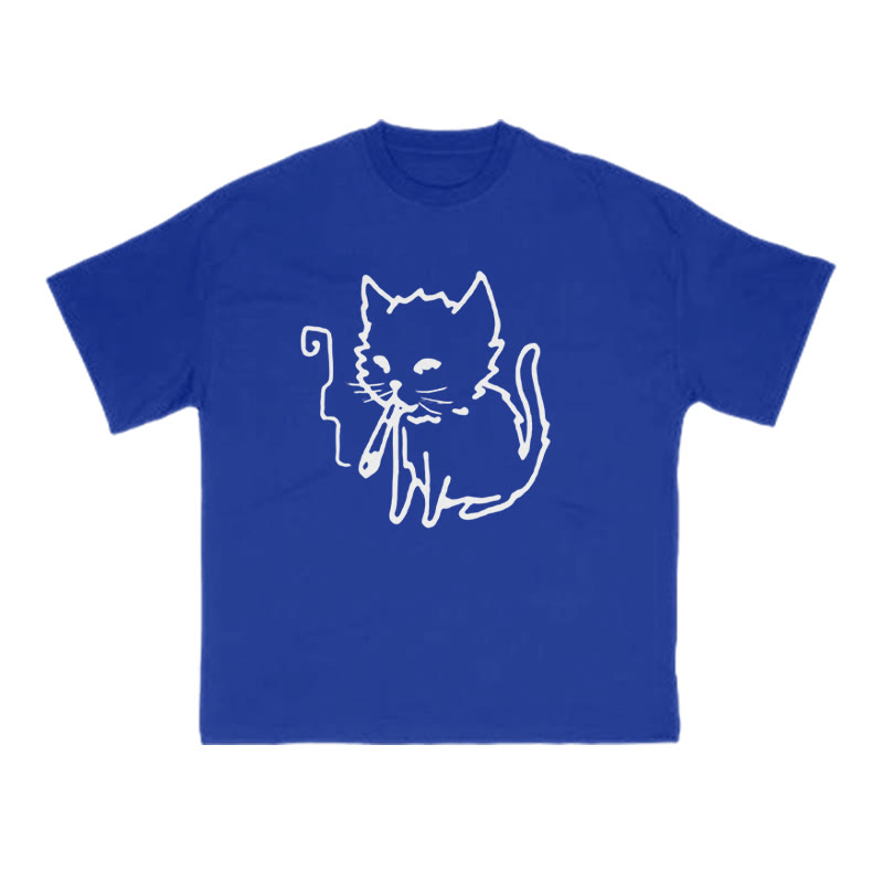 Unisex Smoking Cat Print T-shirt - Blue - US16-18(2XL) - image 8