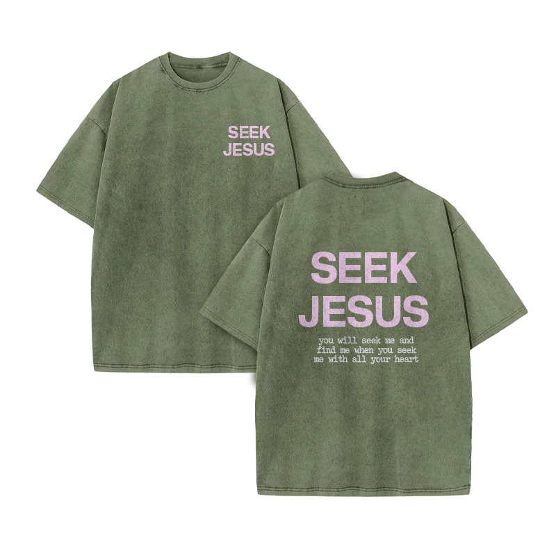 You Will Seek Me And Find Me When You Seek Me With All Your Heart Print Acid Washed T-shirt - Army Green - US20-22(3XL) - image 10