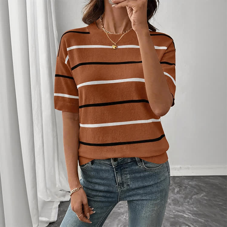 Casual Striped Crew Neck Knit T-shirt - Brown - US16-18(2XL) - image 6