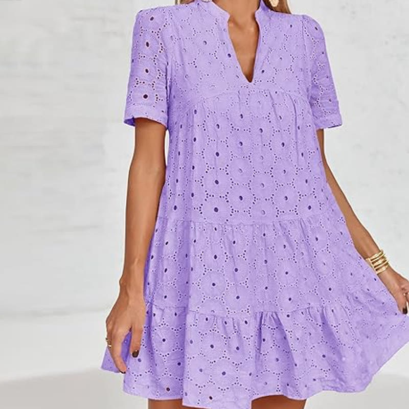 Elegant Openwork Lace Short-sleeve Babydoll Dress - Light Purple - 2XL - image 8