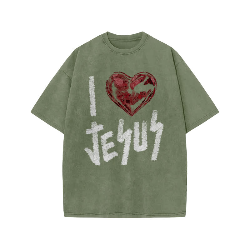 Unisex 100% Cotton I Love Jesus Print Acid Washed T-shirt - Army Green - US20-22(3XL) - image 5
