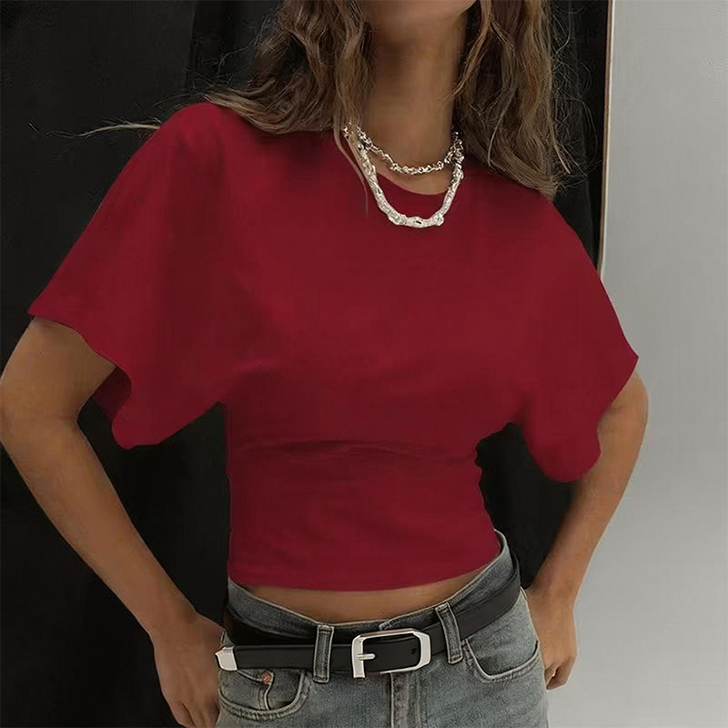 Solid Color Crew Neck Short Sleeve Waist Cinched T-shirt - Wine - 3XL - image 6